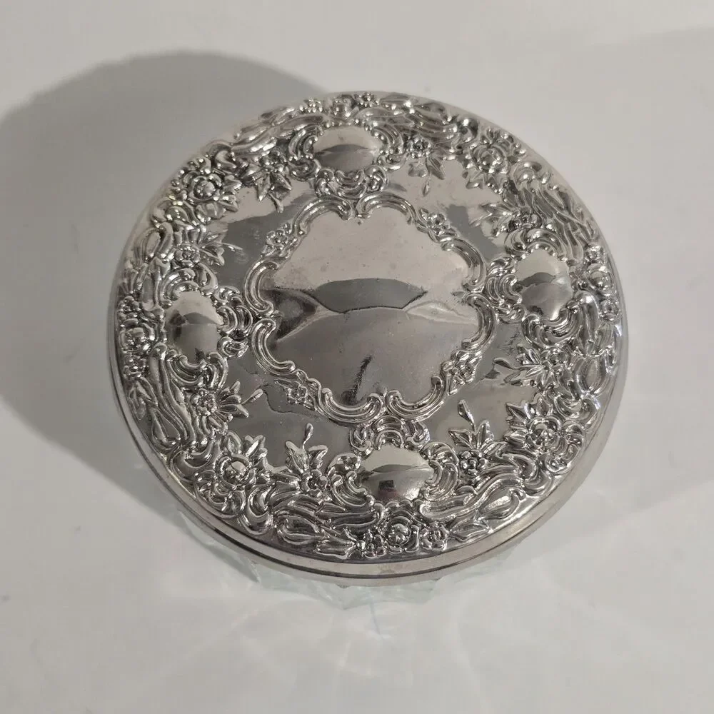 Vintage - Towle - Round Glass Dresser Jar Powder Box Plate Lid Mirror - Silver